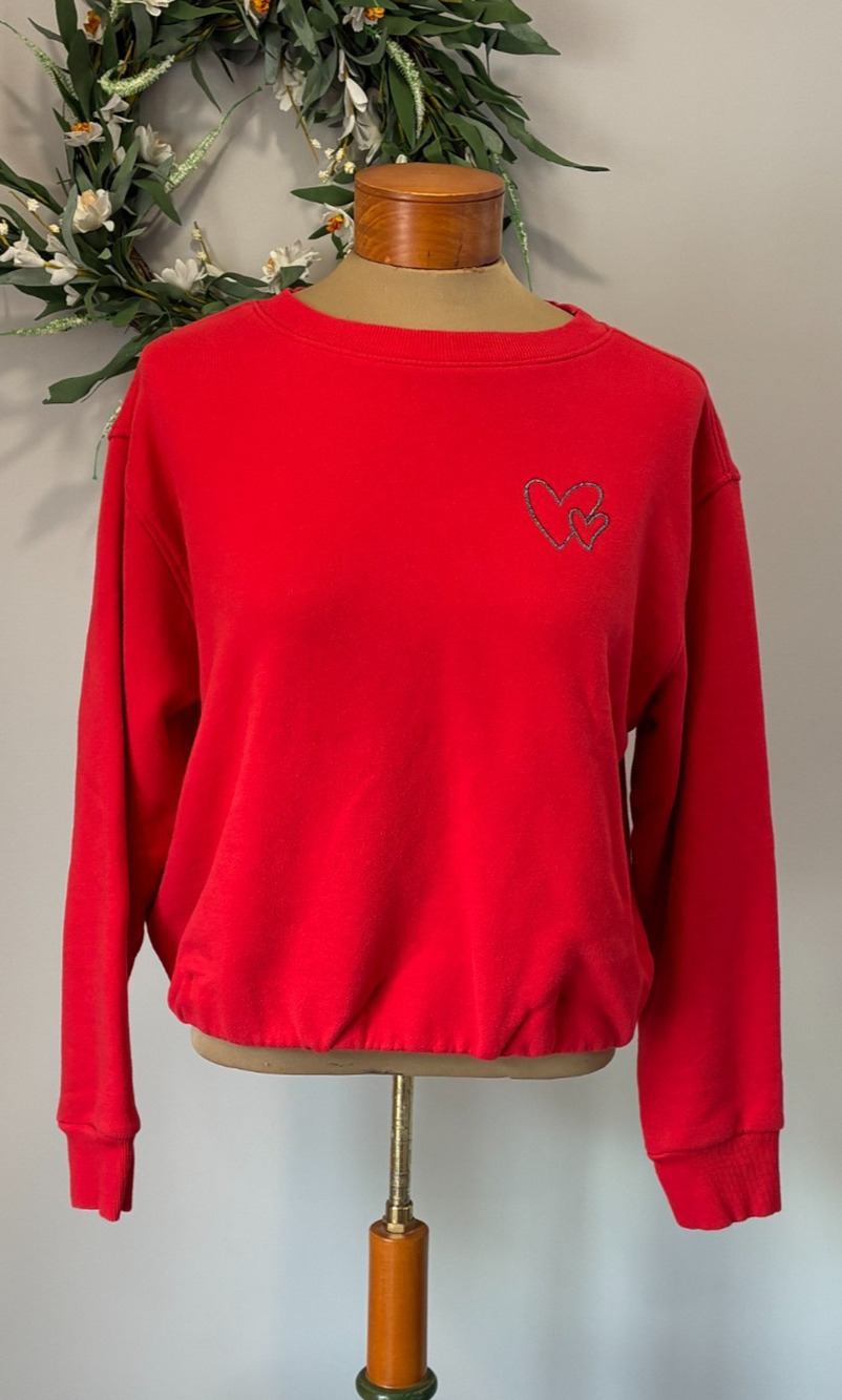 Universal Thread Sweatshirt Women Red Hearts Elastic Hem Long Sleeves, Size S